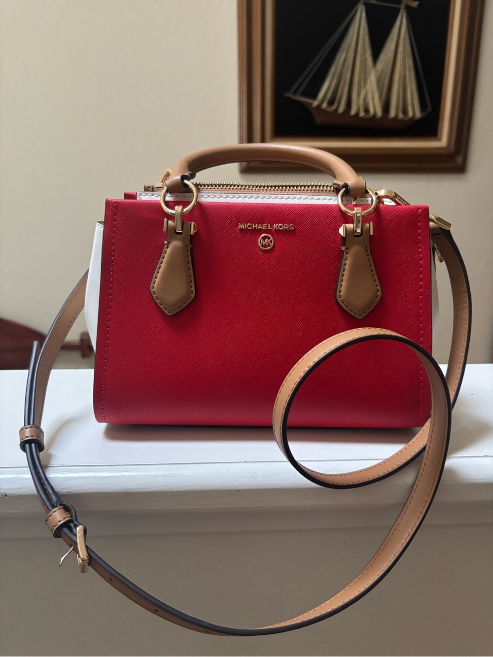 Michael Kors Marilyn Leather Small Crossbody Bag Purse Color block Spiced Coral